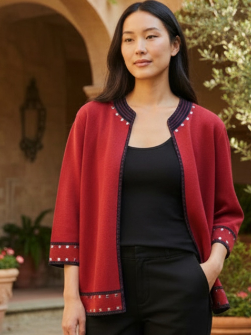 Ming Wang Open Jacket Sz Medium 8 10 Red Black Embellished Stud Knit Elegant
